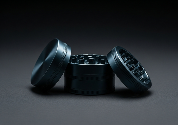 Premium metal herb grinders on dark backdrop