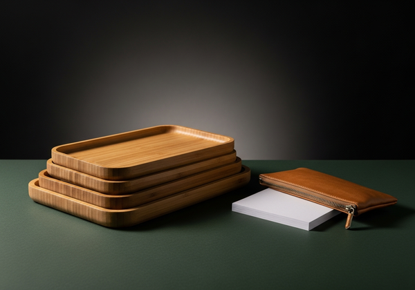 Wooden bamboo rolling trays on dark backdrop