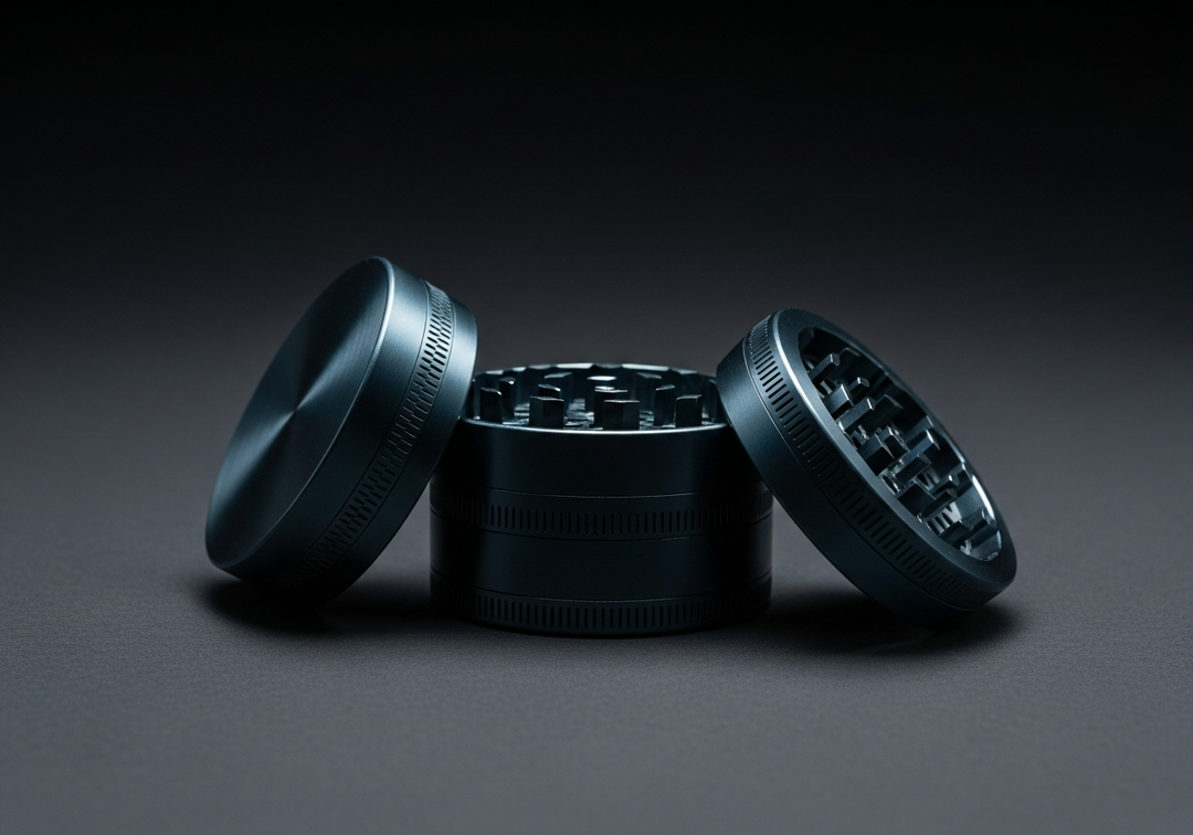 Premium metal herb grinders on dark backdrop