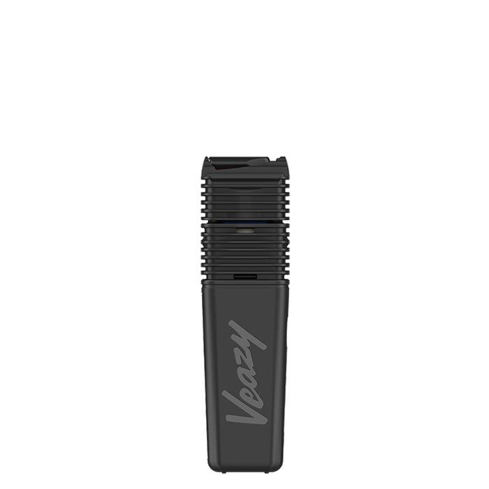 A sleek, black, rectangular herbal vaporizer with a ribbed top section and the brand name 'Veazy' subtly embossed vertically on its lower body, presented against a clean white background.