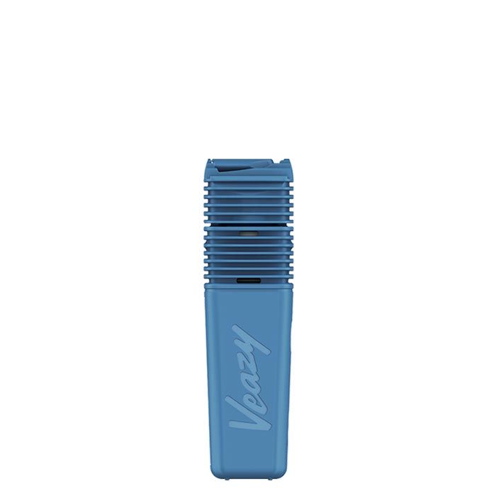 Front view of a blue, rectangular, ultra-portable herbal vaporizer with a ribbed top section and 'Veazy' embossed vertically on the side.