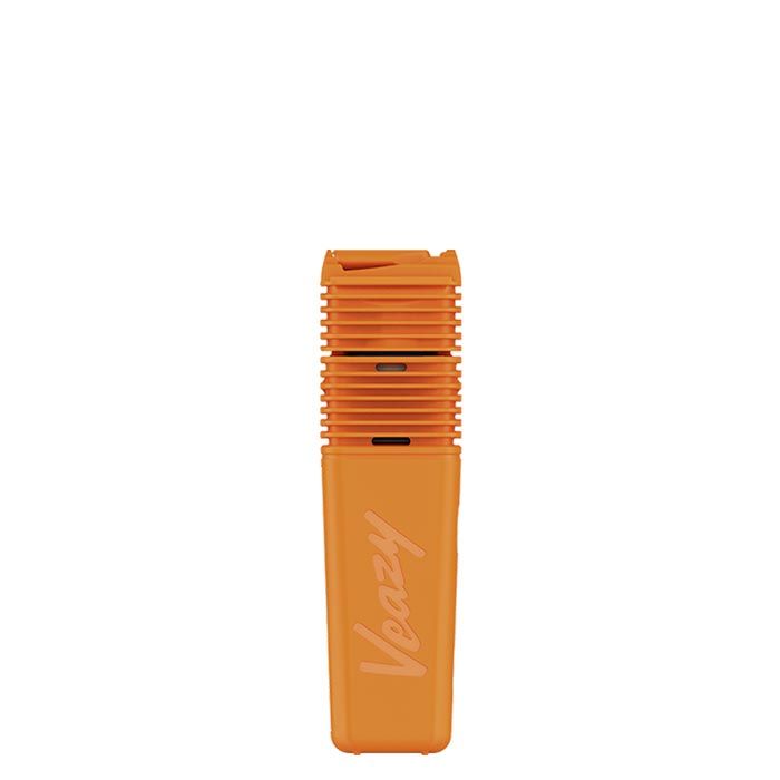 Full product shot of an orange, rectangular, ultra-portable herbal vaporizer with a ribbed top section and the brand name 'Veazy' embossed vertically on its side.