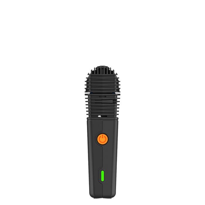 A black, ultra-portable herbal vaporizer with a ribbed top, an orange power button, and a green indicator light, standing upright.