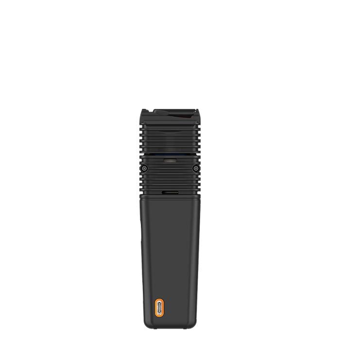 Full-body, straight-on view of a black rectangular vaporizer, highlighting the ribbed top section and the orange USB-C charging port at the bottom.