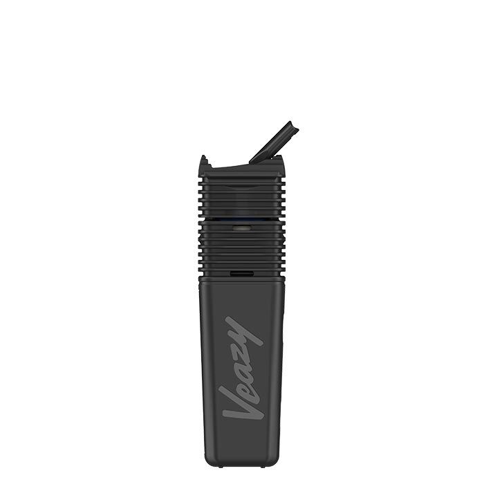Close-up side view of a black, rectangular portable vaporizer with a ribbed top section and an extended mouthpiece, featuring the 'Veazy' logo on its side.