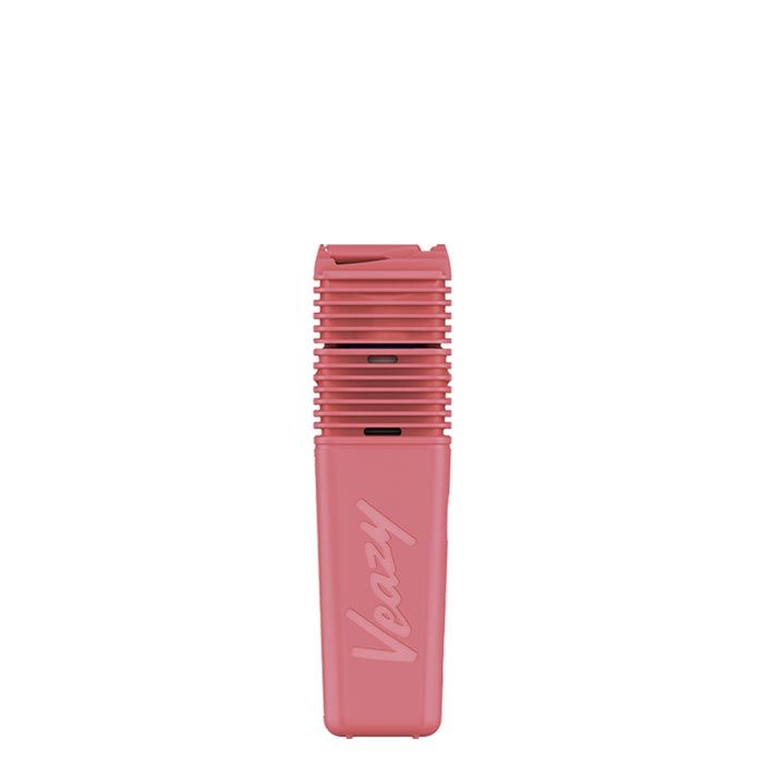 A sleek, rectangular, ultra-portable herbal vaporizer in a vibrant pink color, featuring a ribbed upper section and the brand name 'Veazy' embossed on its lower body, presented against a clean white background.