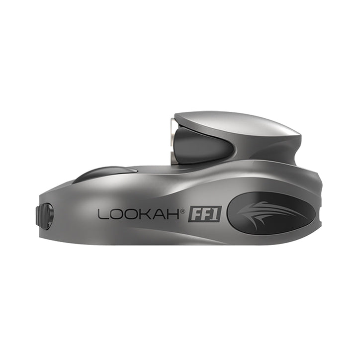 Side view of a sleek, grey vape battery, showing the 'LOOKAH FF1' branding and a stylized fish logo on its body.