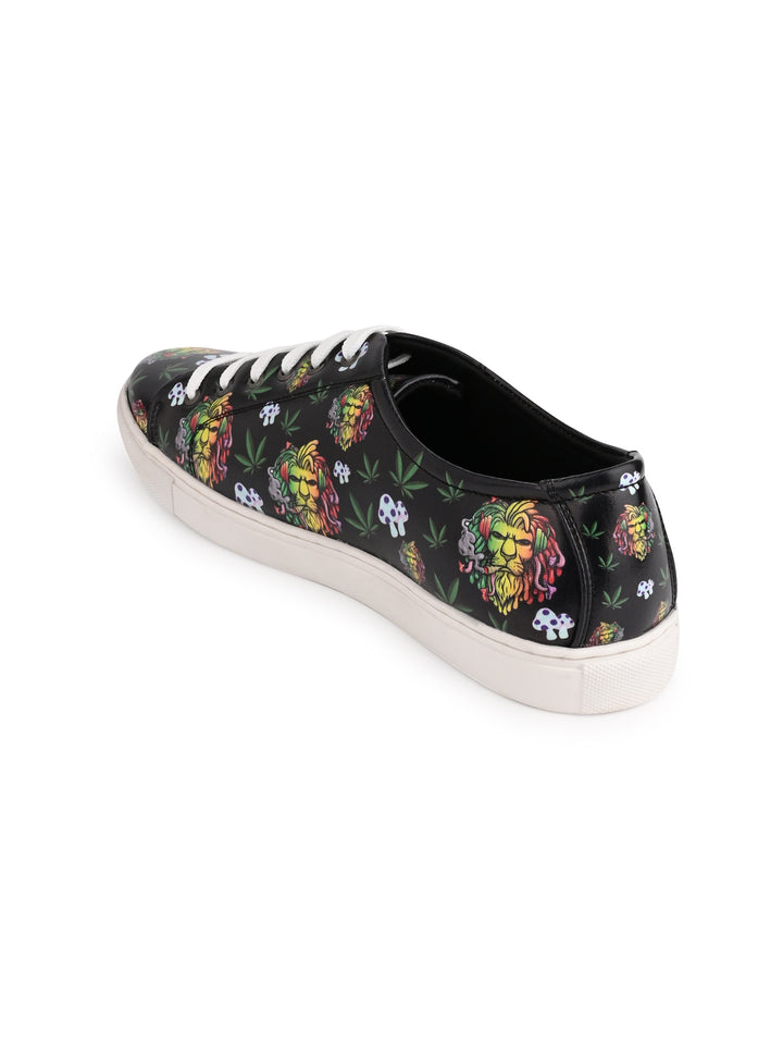 Deep Black Vegan Leather Shoes with Lion Design
