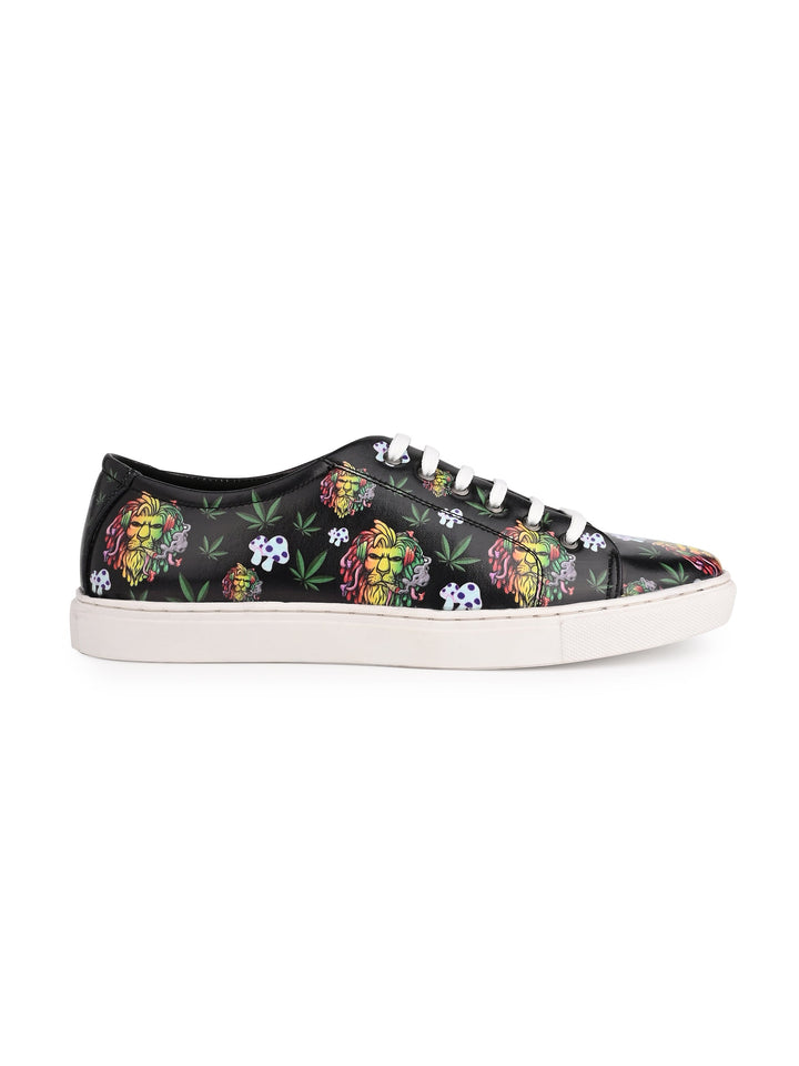 Deep Black Vegan Leather Shoes with Lion Design
