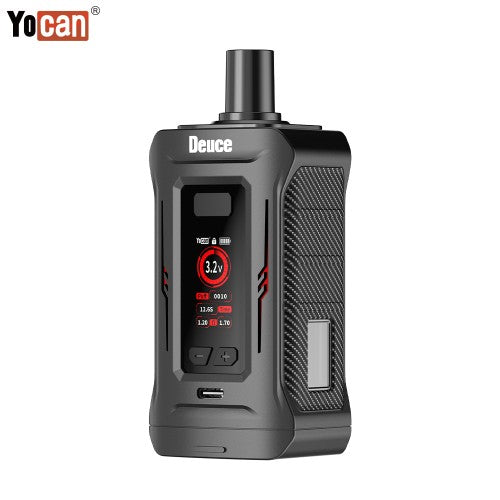 Front view of a dark grey Yocan Deuce vaporizer showing its digital screen displaying '3.2v', control buttons, and carbon fiber textured sides.