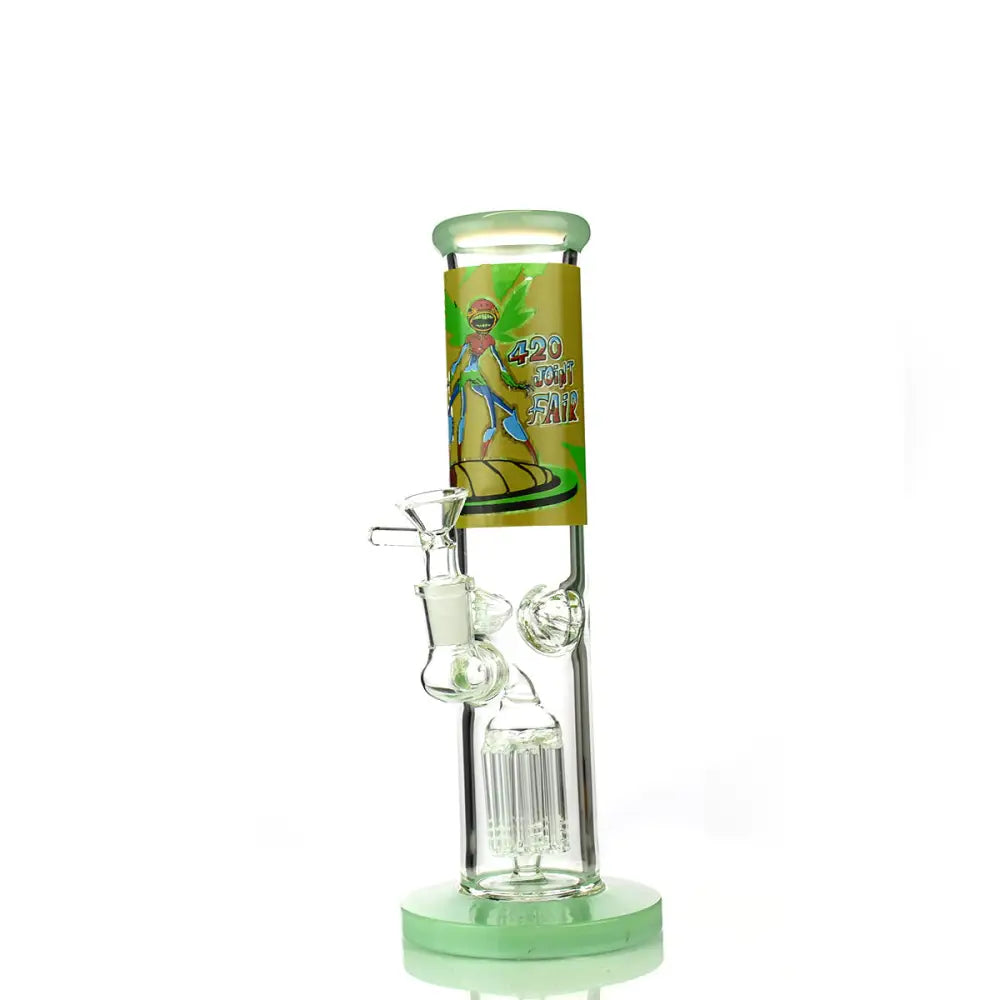 A clear glass straight tube water pipe with a light green base and mouthpiece, featuring a colorful graphic wrap on the main tube and an intricate percolator inside.
