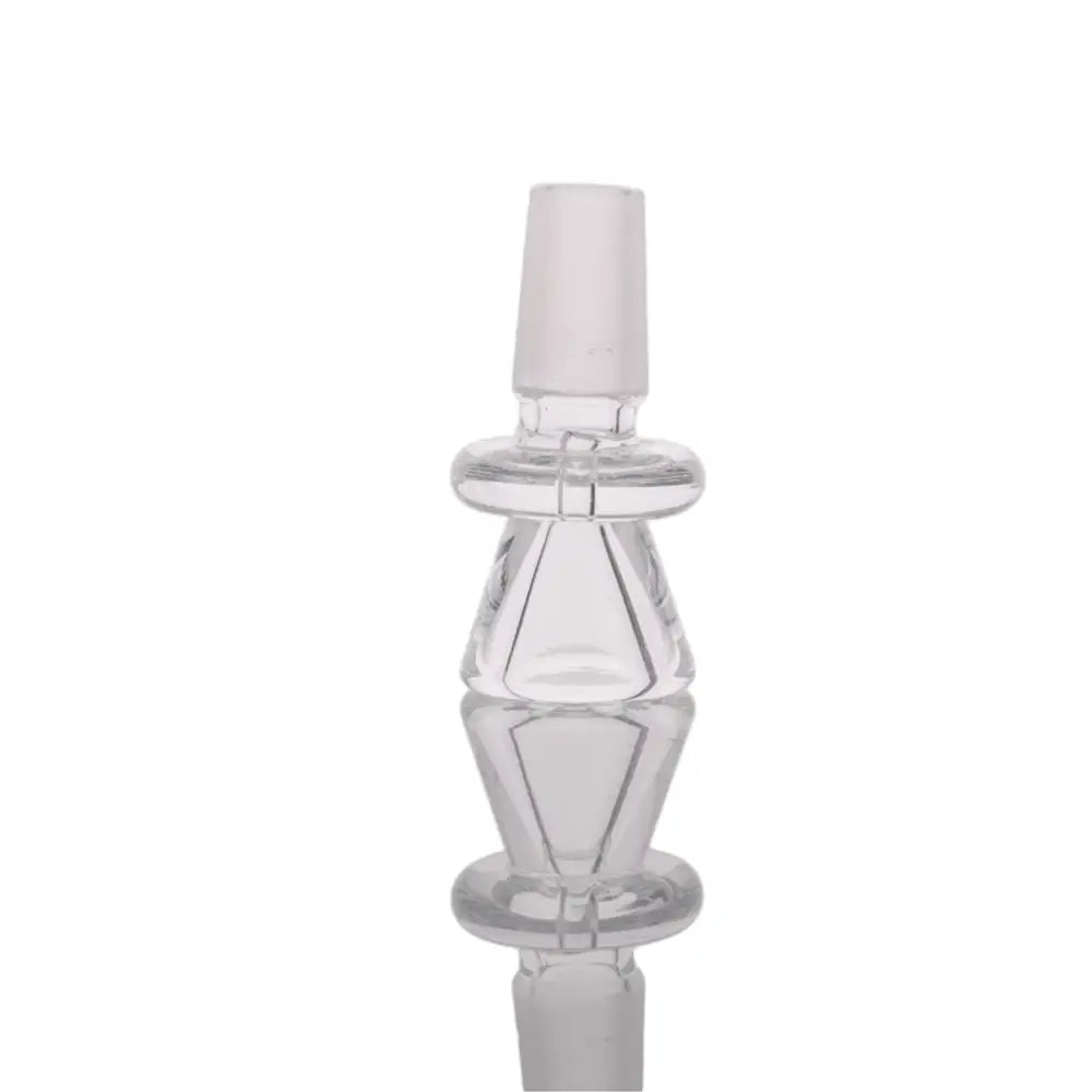 Clear glass martini bowl accessory with a male joint at the top and bottom, featuring a central ring design.