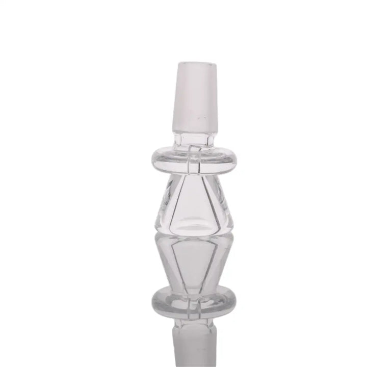 Clear glass martini bowl accessory with a male joint at the top and bottom, featuring a central ring design.