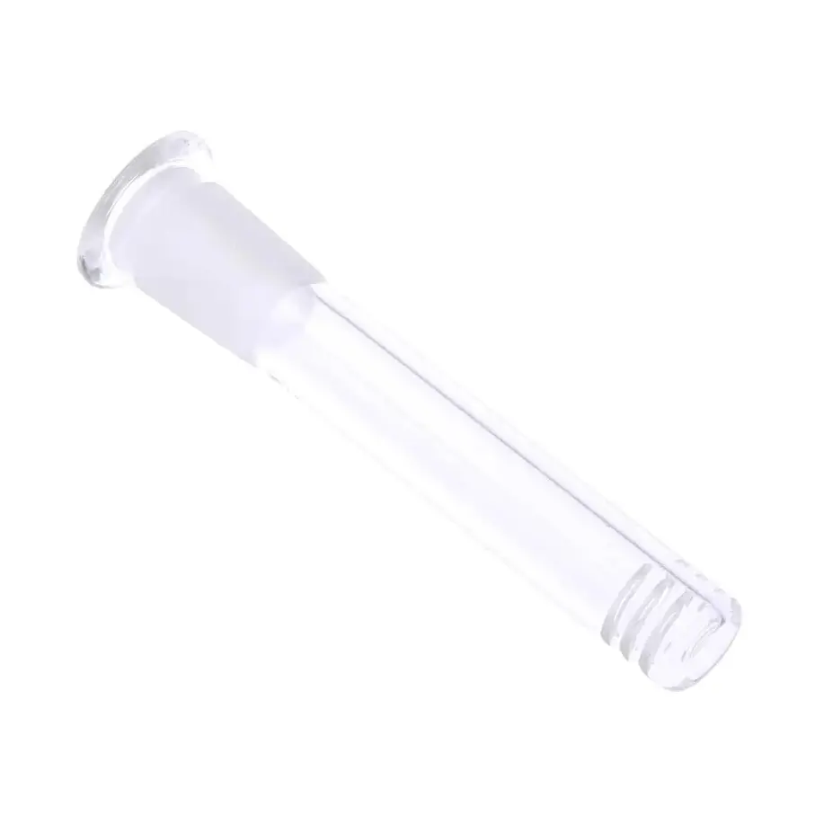 A clear glass tube, slightly angled, with a frosted ground joint on one end and several horizontal slits at the other end, against a white background.