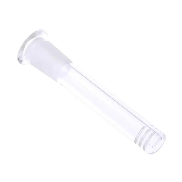 A clear glass tube, slightly angled, with a frosted ground joint on one end and several horizontal slits at the other end, against a white background.