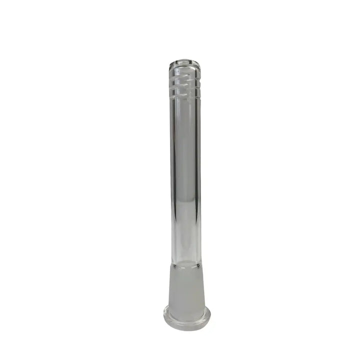A clear glass downstem, featuring a frosted male joint at the bottom and textured grip rings at the top, shown against a white background.