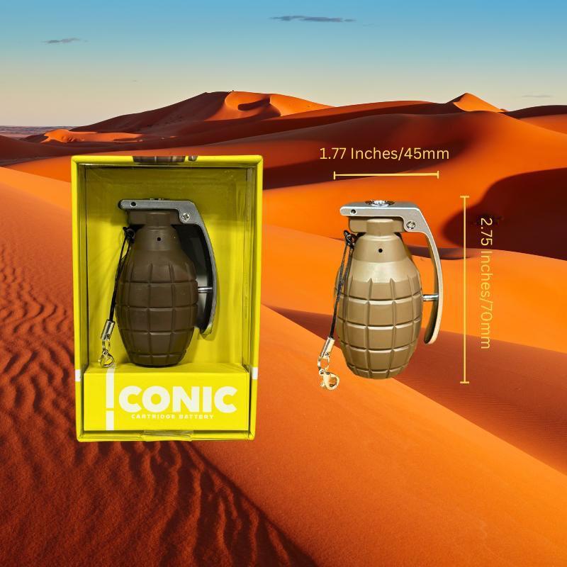 A grenade-shaped vape battery in a yellow box and next to it, the same battery with its dimensions (2.75 inches tall, 1.77 inches wide) against a desert dune background.