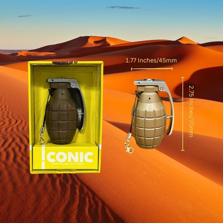 A grenade-shaped vape battery in a yellow box and next to it, the same battery with its dimensions (2.75 inches tall, 1.77 inches wide) against a desert dune background.