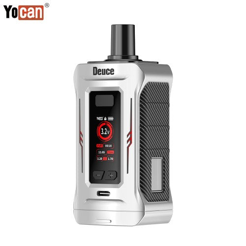 Close-up studio shot of a white and silver vaporizer with a black mouthpiece and a digital display showing 3.2V.
