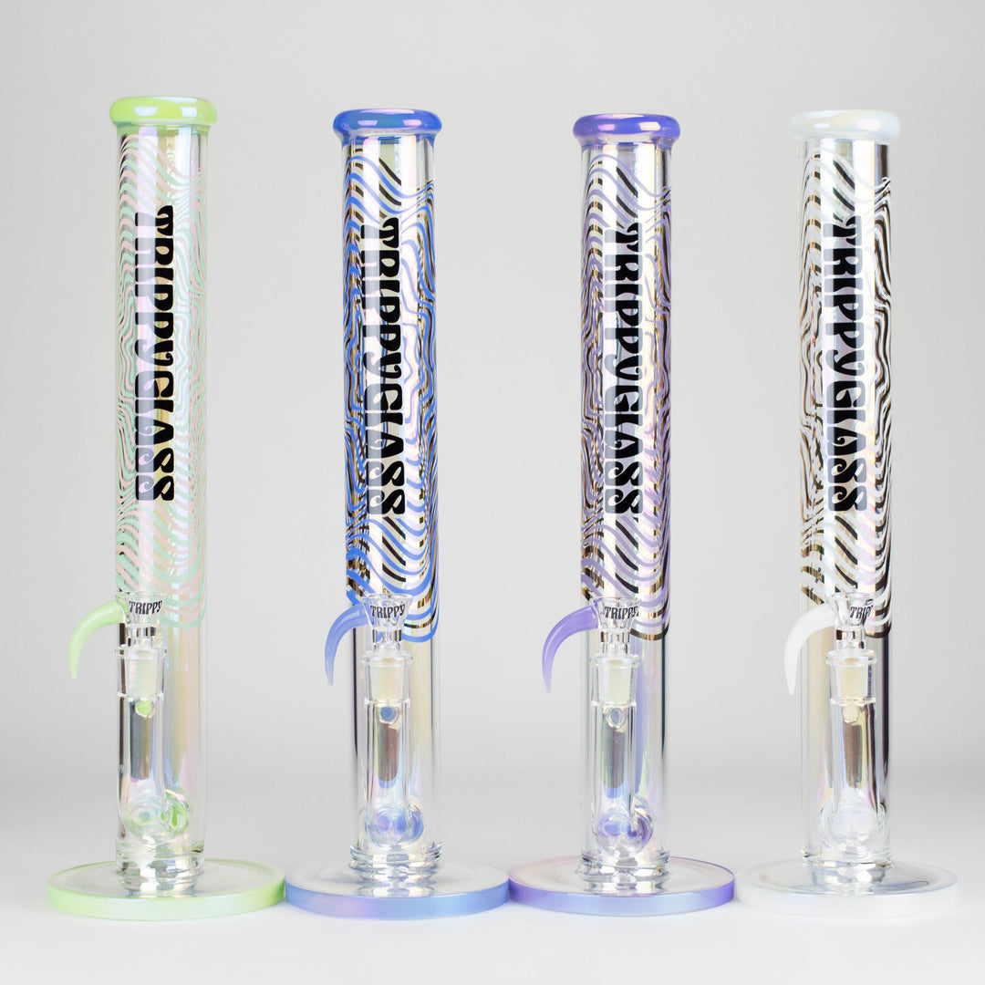 A clear glass straight tube water pipe with blue accents on the mouthpiece, base, and downstem joint, featuring a '1 Million Glass' logo in blue and yellow.