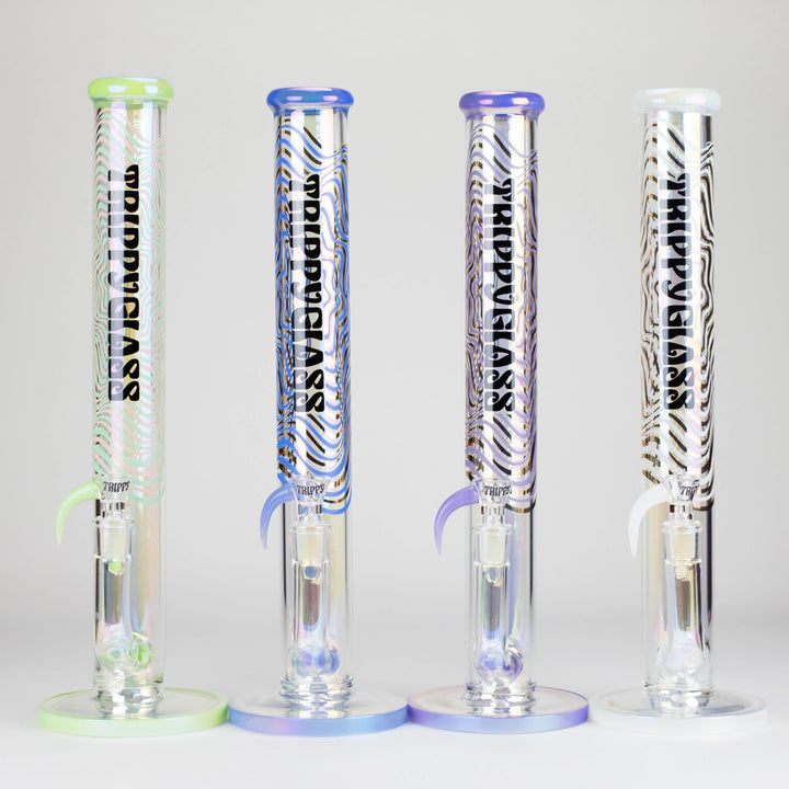 A clear glass straight tube water pipe with blue accents on the mouthpiece, base, and downstem joint, featuring a '1 Million Glass' logo in blue and yellow.