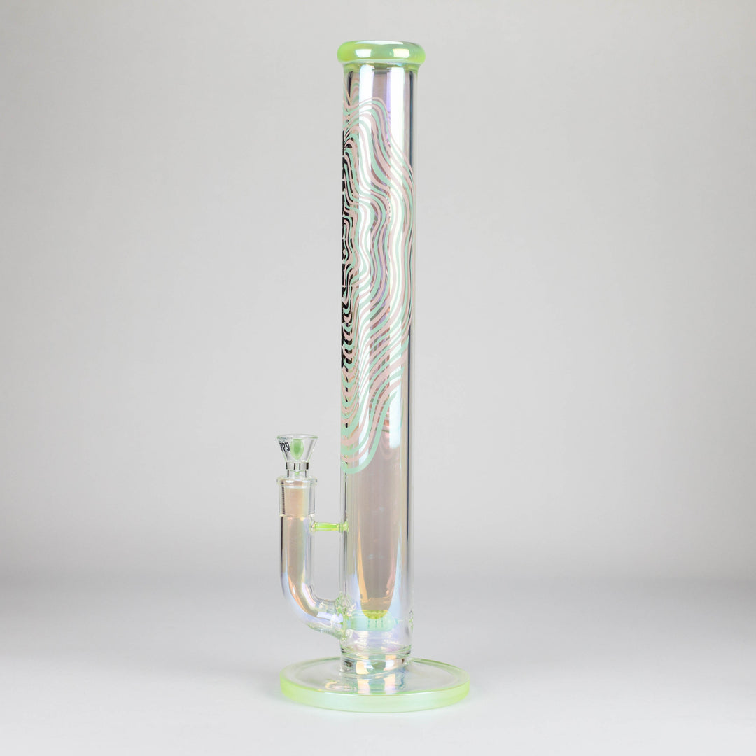 Detail shot of an amber glass spinner carb cap with a red band, sitting on a clear glass joint, against a white background.