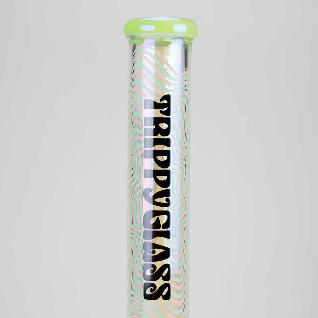 Three clear glass water pipes with frosted cone percolators and colored accents on the mouthpiece, base, and percolator.