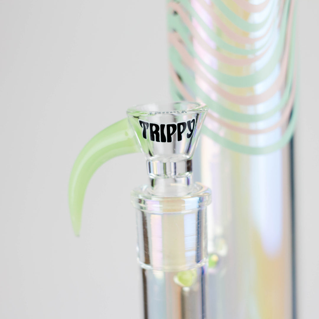 Clear glass beaker-style water pipe with a green vertical logo on the neck, featuring a removable downstem and bowl.
