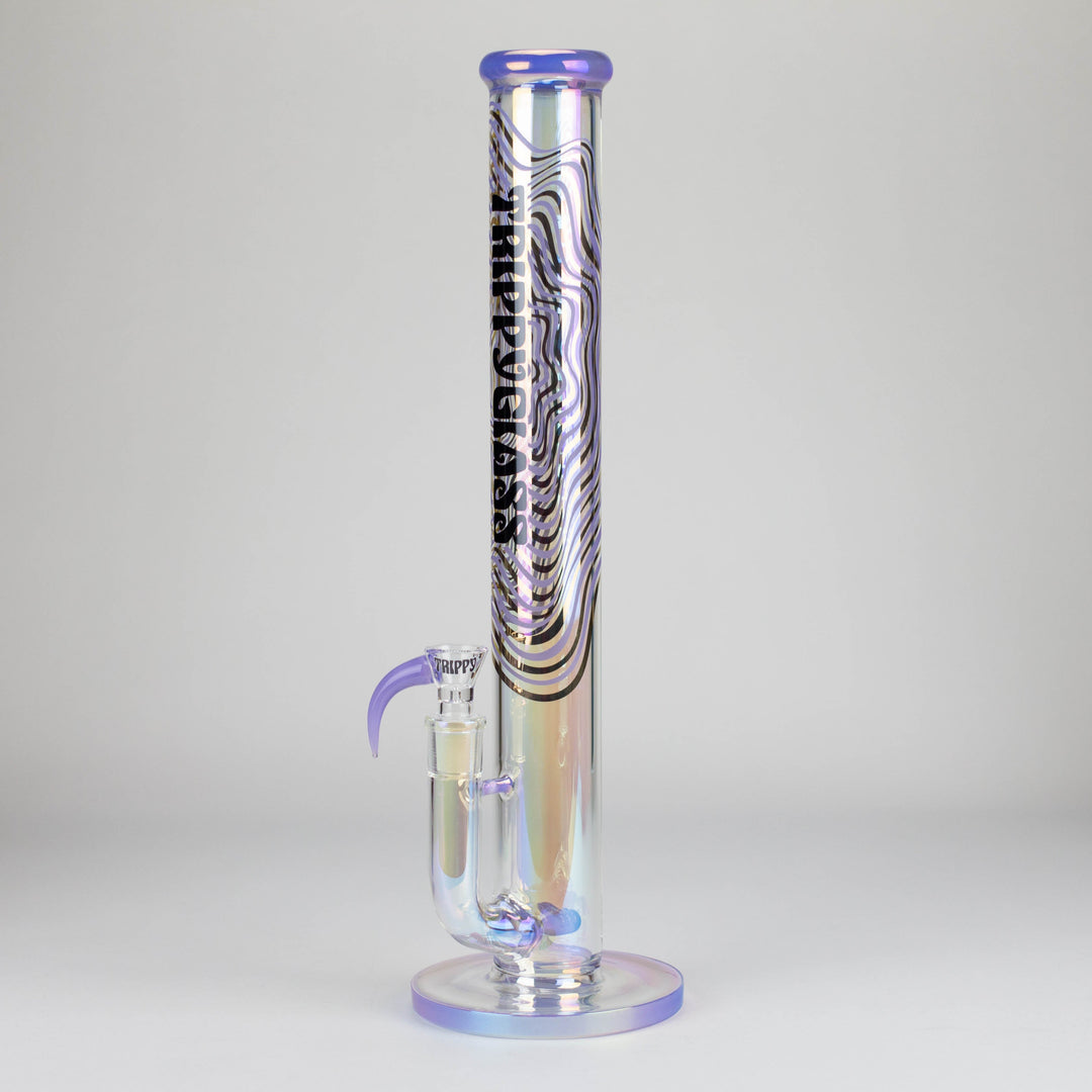 A small blue glass water pipe with a white mushroom-shaped top covered in dark polka dots, featuring a clear glass banger attached to the side.