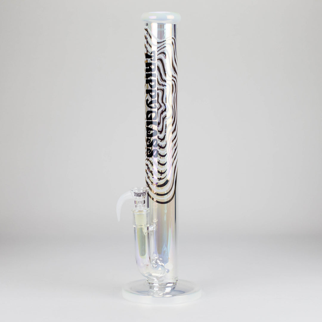 Detail shot of the middle section of a purple glass water pipe, featuring a metallic blue band with two circular openings and black gear patterns.