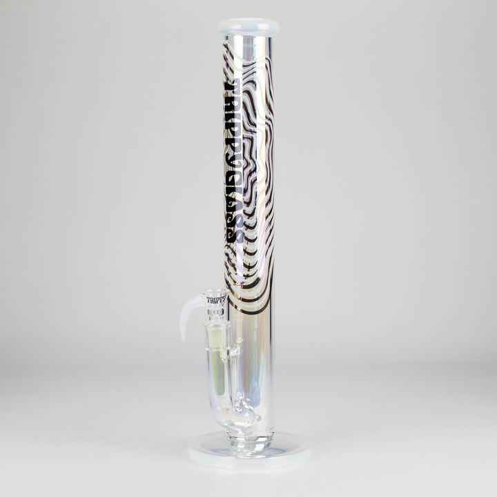 Detail shot of the middle section of a purple glass water pipe, featuring a metallic blue band with two circular openings and black gear patterns.