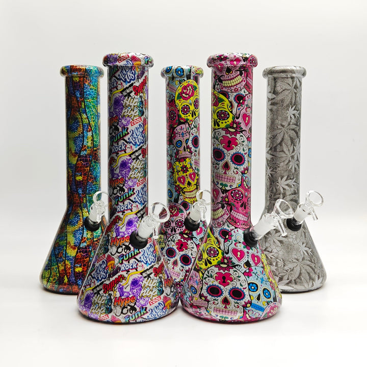 7mm Calavera Hydrographic Glass Water Pipes-Assorted Designs 13"