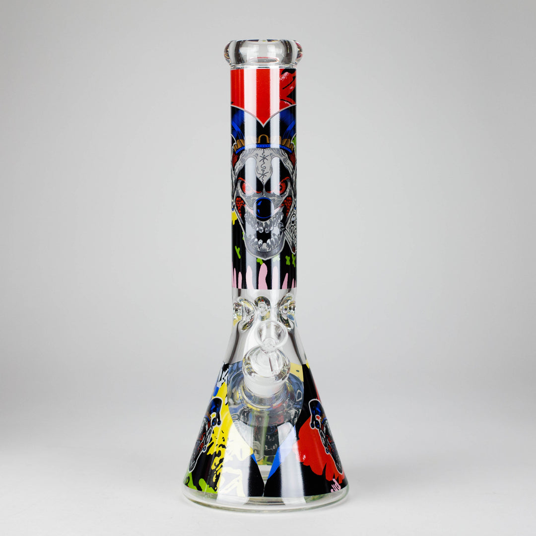 Clear glass beaker bong with an angled neck and a removable glass slider, shown from a slight angle against a white background.
