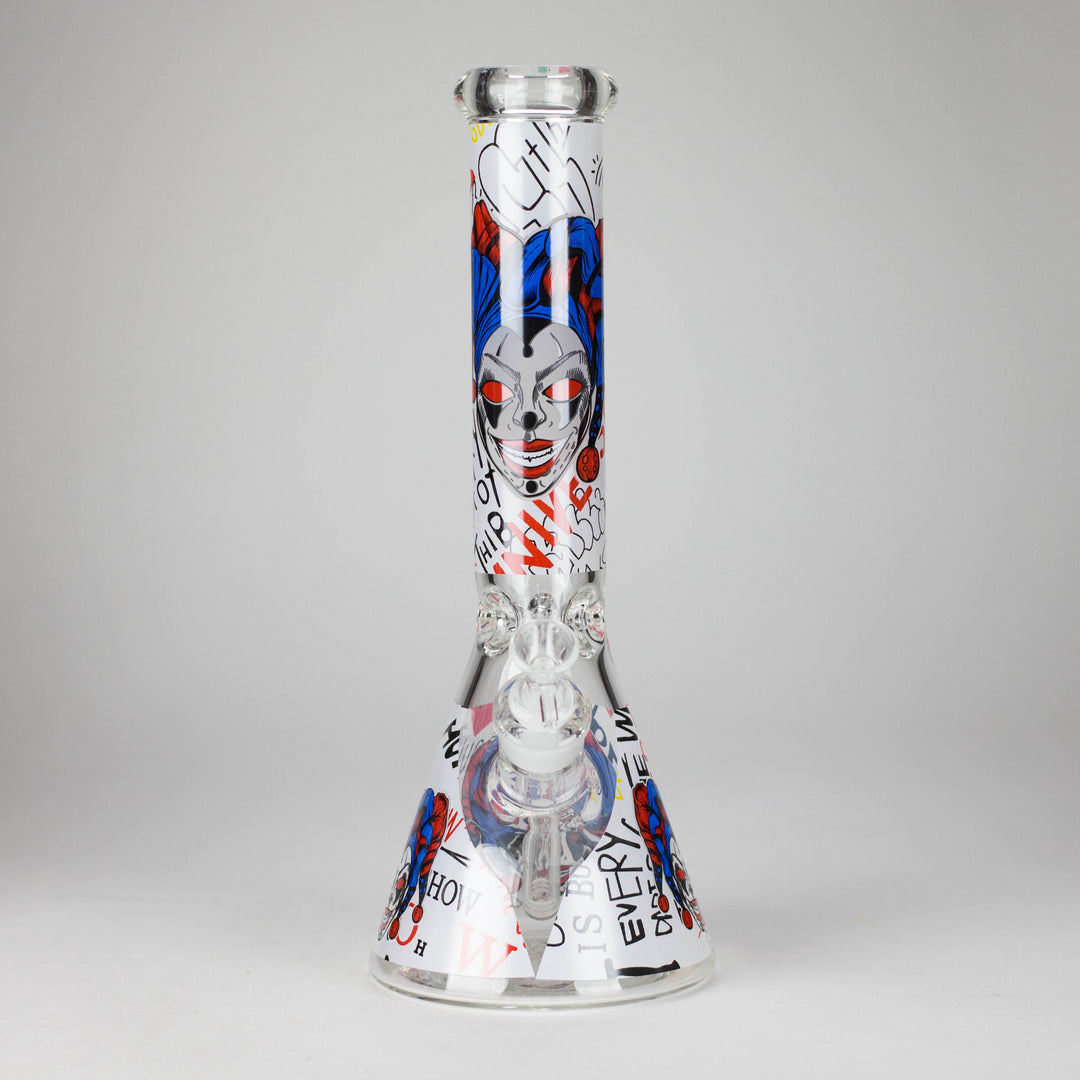 Lime green glass water pipe shaped like a monster with a large green cyclops eye and a wide open mouth with red lips and white teeth.