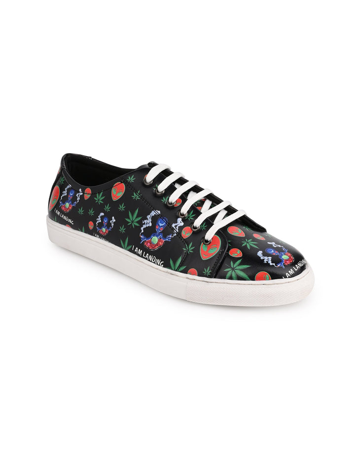 Botanical Pattern Deep Black Vegan Leather Shoes