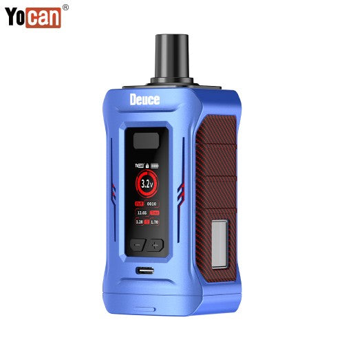 Close-up detail shot of a blue Yocan Deuce vaporizer, showcasing its digital screen displaying '3.2v', control buttons, and a textured reddish-brown side panel.