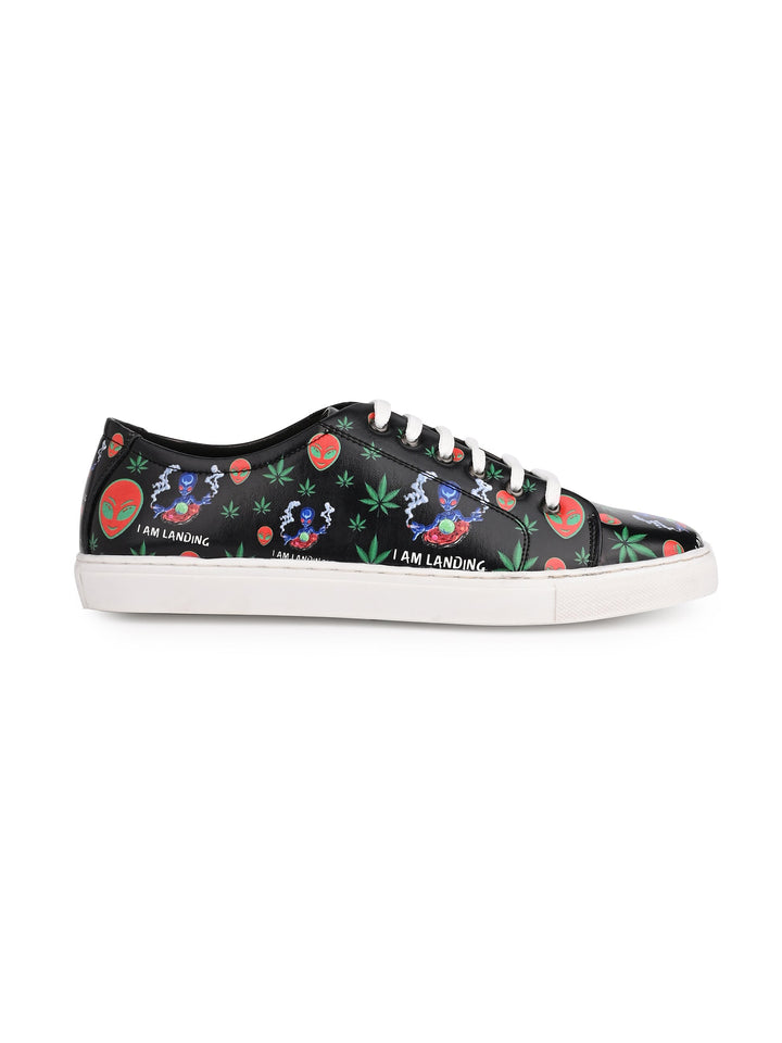Botanical Pattern Deep Black Vegan Leather Shoes