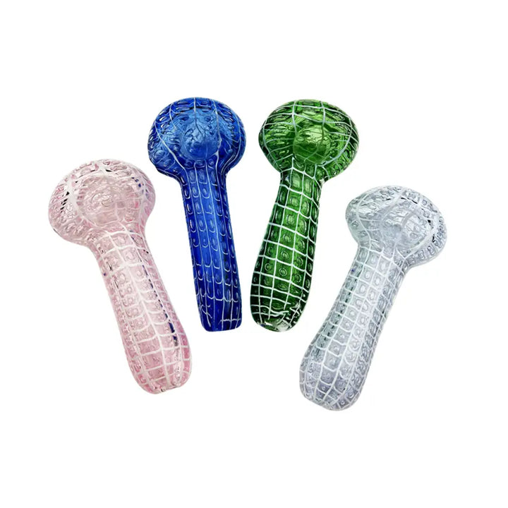 Four glass hand pipes in pink, blue, green, and clear, each featuring a textured bubble trap design, arranged on a white background.