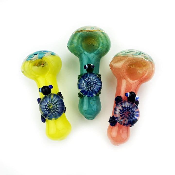 4.5’ Hand Pipe Frit Glass Honeycomb Head, Turtle Art