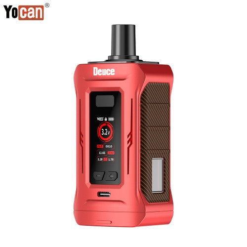 Close-up detail shot of a red box-style vaporizer with a digital screen displaying '3.2v' and a carbon fiber textured grip.