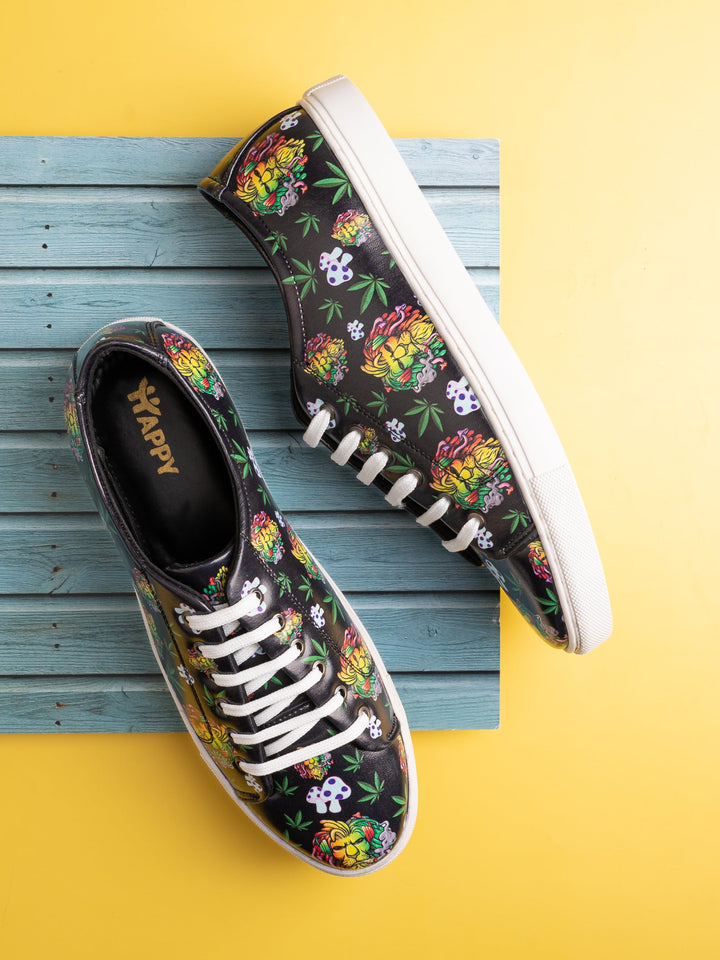 Deep Black Vegan Leather Shoes with Lion Design