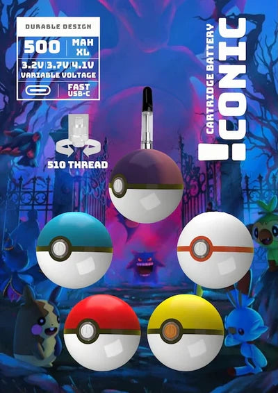 Detail shot of multiple spherical cartridge batteries resembling Poké Balls in various colors, with technical specifications and a 510 thread adapter shown.