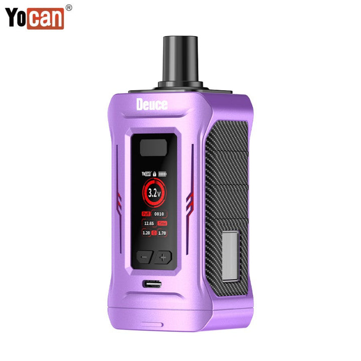 A vibrant purple Yocan Deuce dual vape cartridge 510 battery, shown upright on a white background, featuring a digital screen displaying 3.2V and other settings, with a black mouthpiece and textured carbon fiber-like grip on the side.