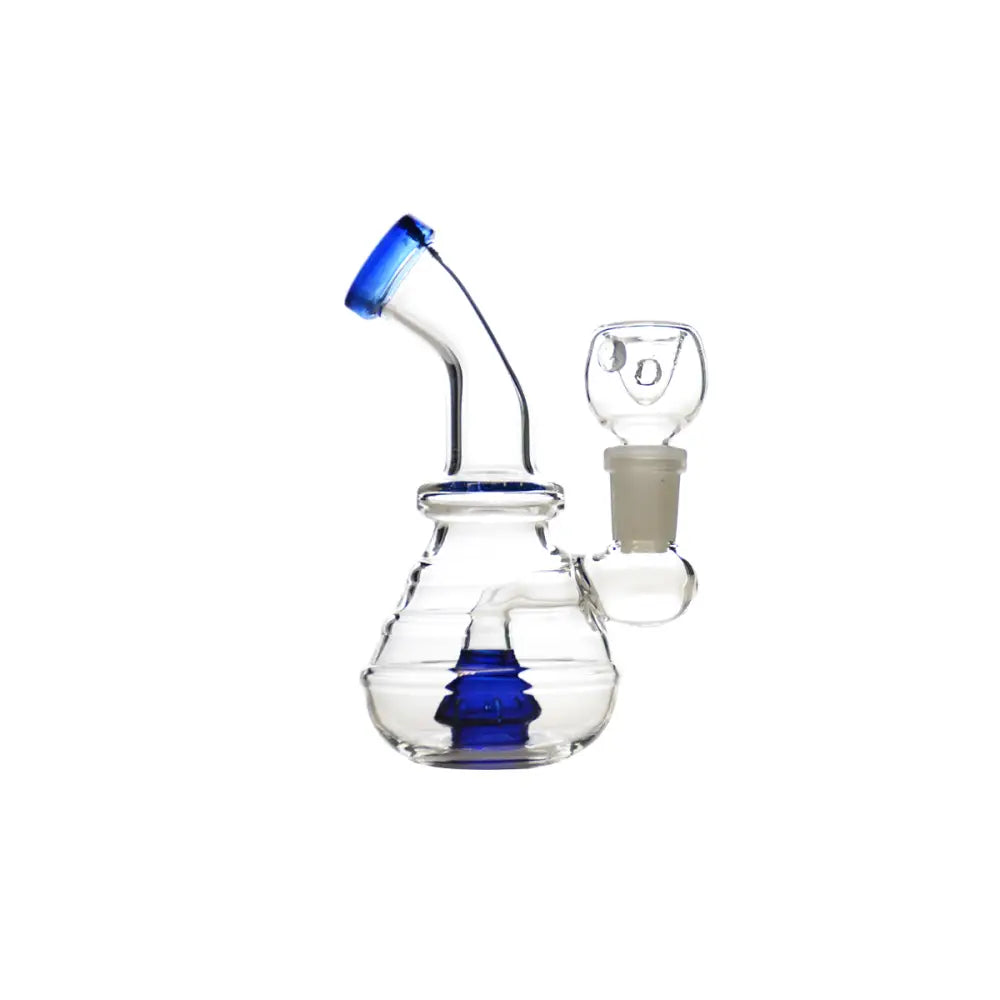 A clear glass water pipe with blue accents on the mouthpiece and a blue percolator inside the base, shown with a separate clear glass 14mm male bowl.