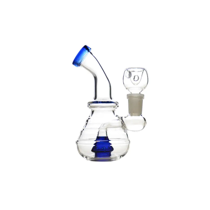 A clear glass water pipe with blue accents on the mouthpiece and a blue percolator inside the base, shown with a separate clear glass 14mm male bowl.