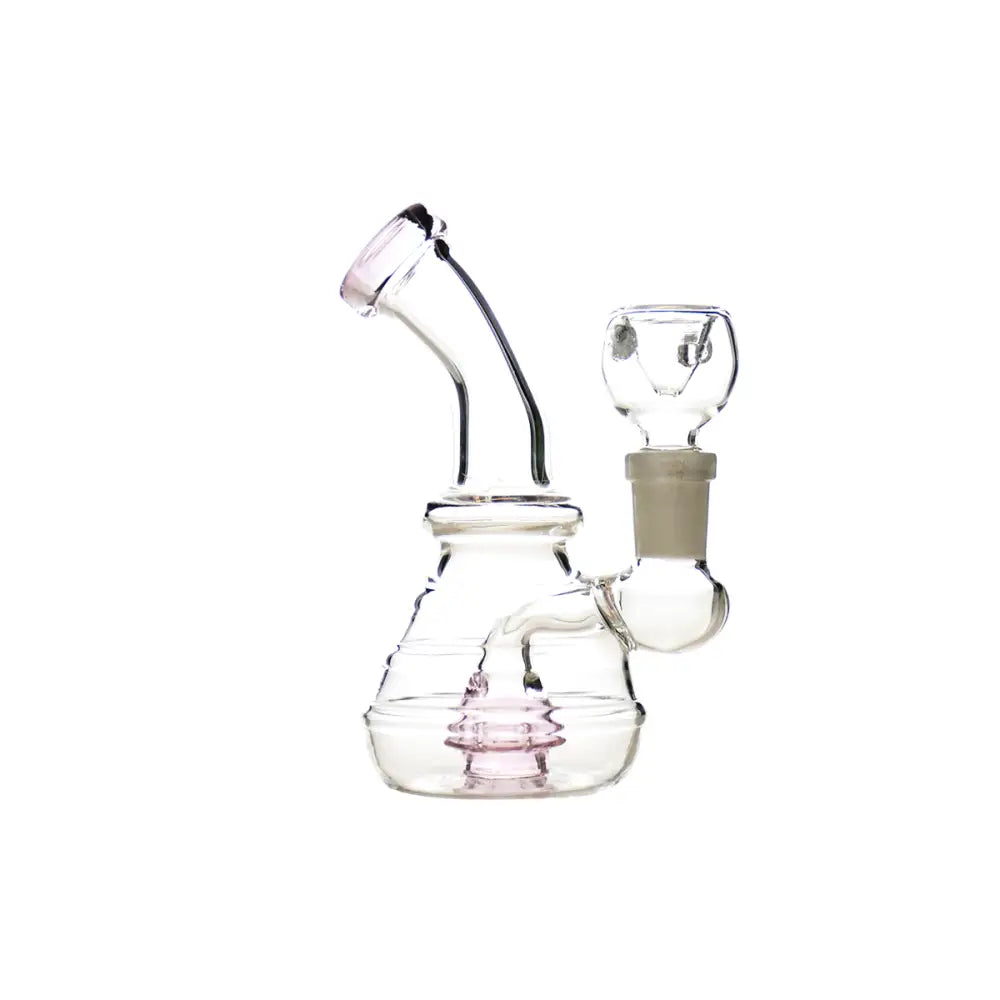 A clear glass water pipe with a pink layered percolator inside its base, featuring an angled mouthpiece and a removable 14mm male bowl on the side.