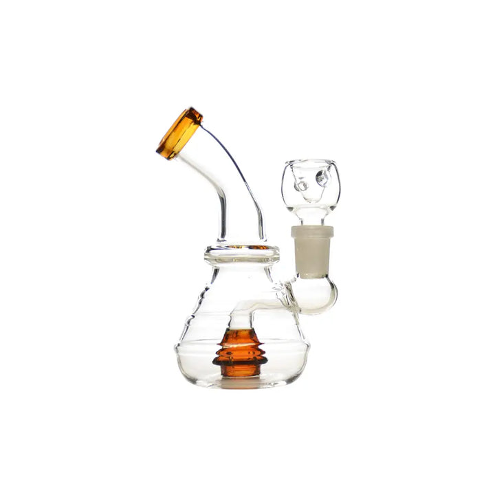 A clear glass water pipe with an amber-colored percolator and matching amber rim on the mouthpiece, shown against a white background.