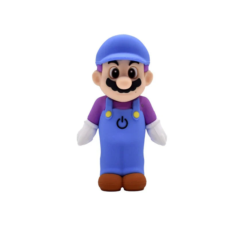 Front view of a plumber-themed vape battery, shaped like a cartoon character with a blue cap and overalls, purple shirt, and a power symbol on the chest.