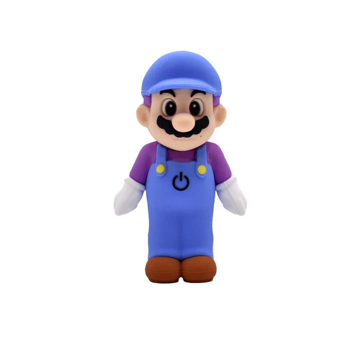 Front view of a plumber-themed vape battery, shaped like a cartoon character with a blue cap and overalls, purple shirt, and a power symbol on the chest.