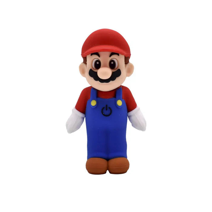 Full front view of a vape battery designed to look like the Super Mario character, featuring his red hat, blue overalls, and brown shoes, standing upright on a white background.